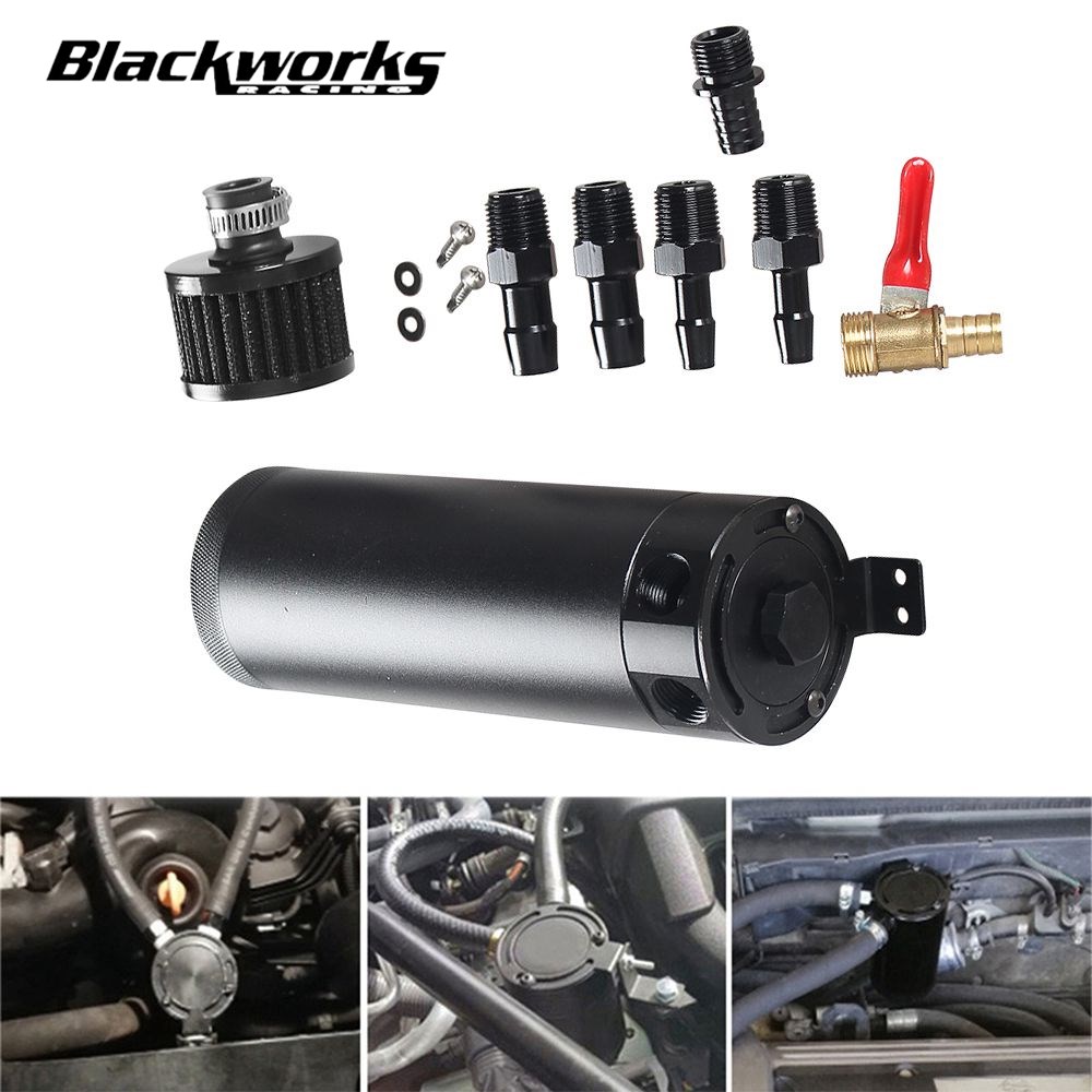 Oil Drain Tank - ブリーザーフィルター、オイルセパレーター、ユニバーサルを備えた2ポートタンクアルミ製自動車用オイルキャッチシステム
