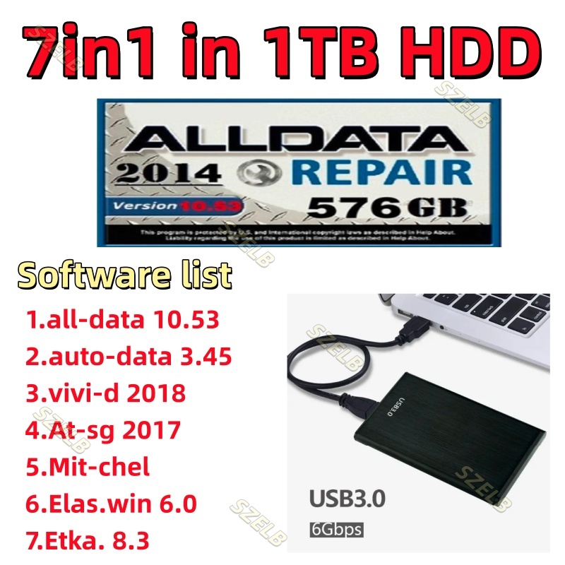 Auto Repair Shop Software - 最新の7in1オフラインソフトウェア（Alldata10.53+Autodata 3.45+vivid 2018+Atsg +Elaswin 6.0+Etka 8.3）を1TB