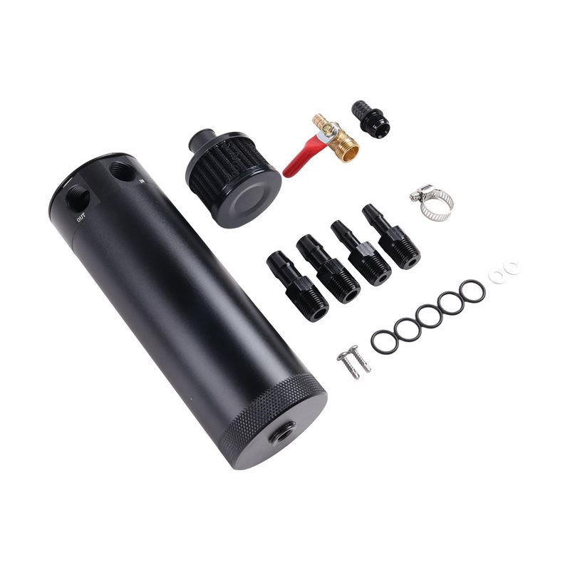 Oil Drain Tank - ユニバーサル750mlアルミ製2ポートオイルキャッチタンク、バッフル、ブリーザーフィルター、ドレンバルブ付き
